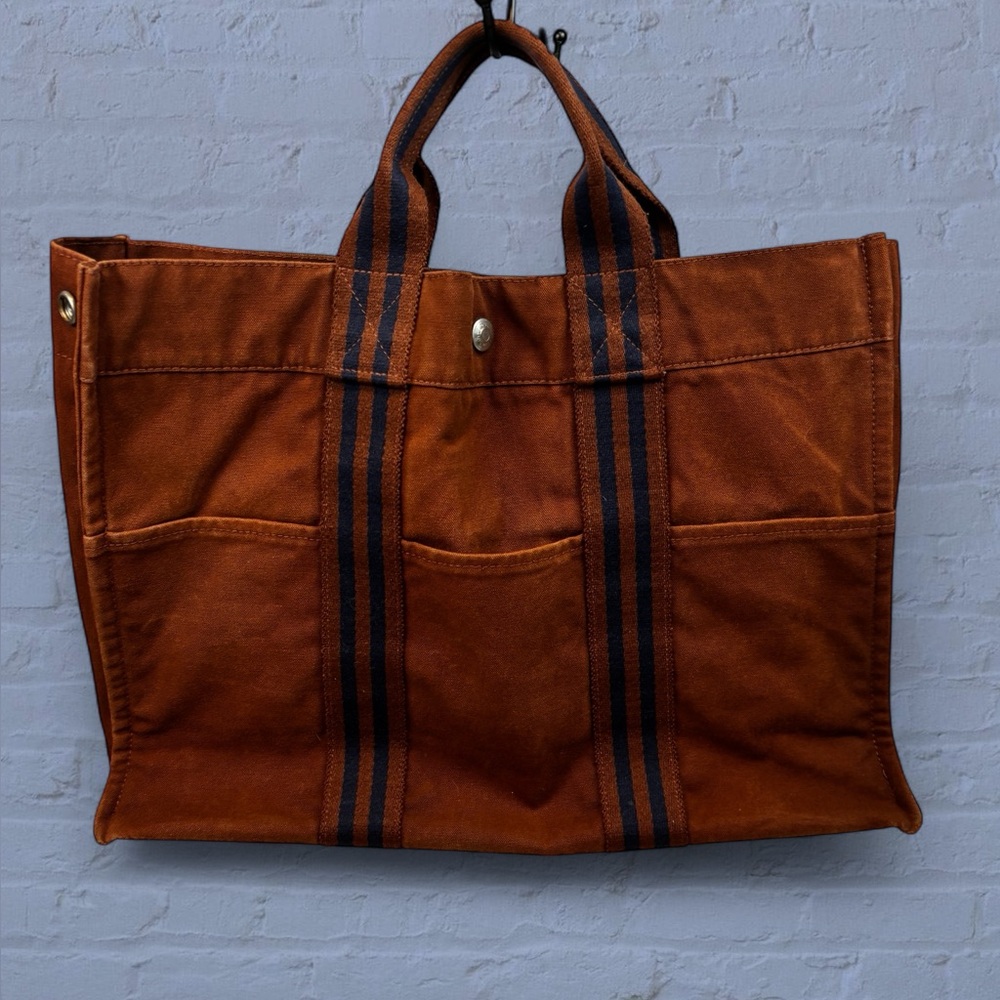 Hermés Brown and Navy Canvas PM Tote Bag euc